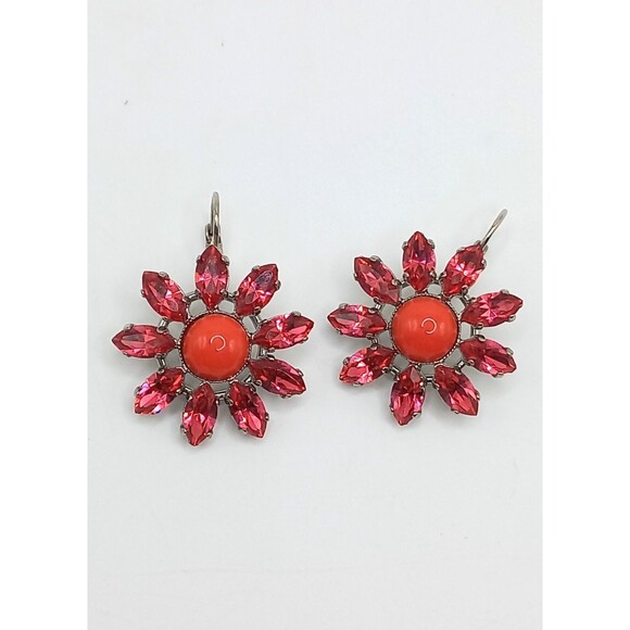 Philippe Ferrandis Paris designer HOT PINK Red/Orange Flower Earrings Leverback - Picture 2 of 9
